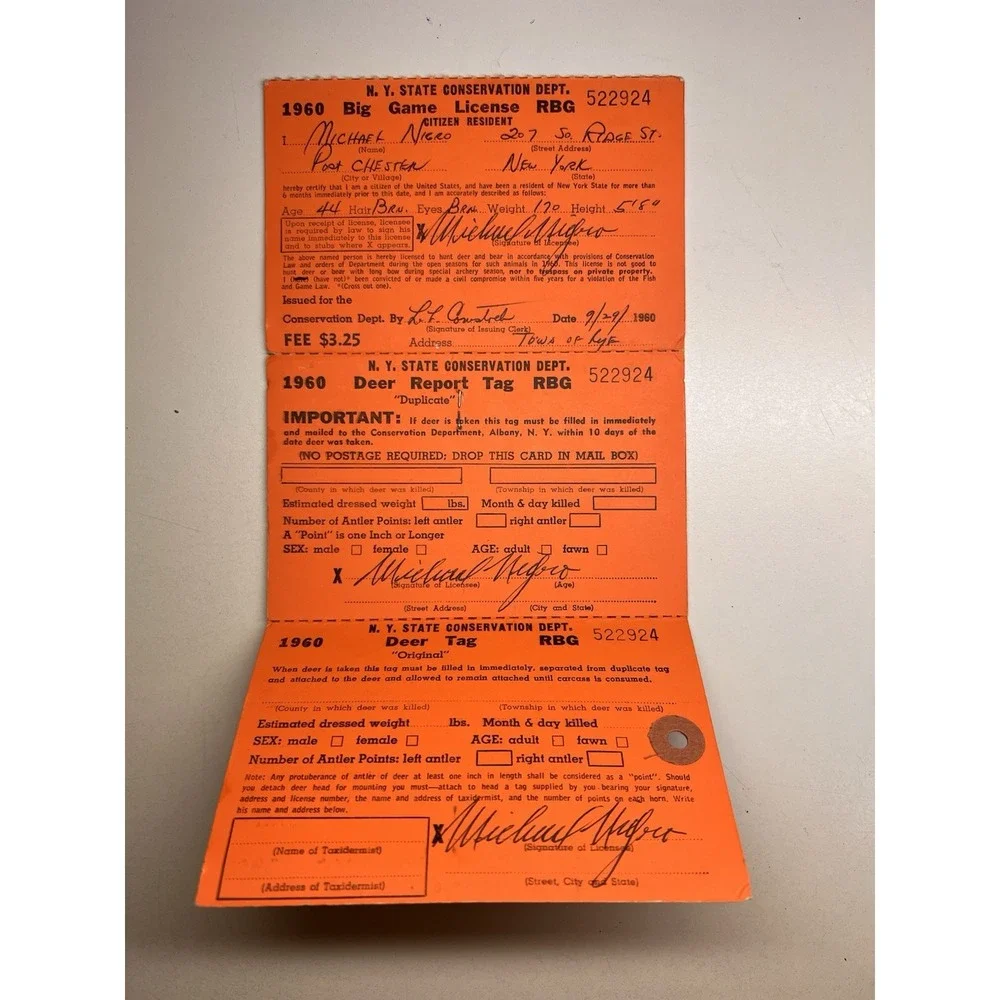 Vintage NYS Big Game Hunting Tags Lot 1956–1962 Deer Bear License Paper Ephemera
